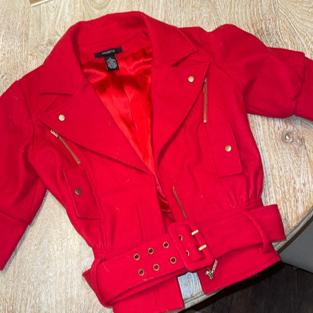 Y2K Arden B Red Wool Three Quarter Length Jacket small Gold Belt Hardware